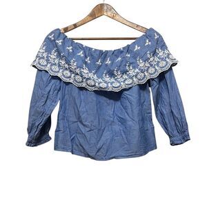 Studio 19 Womens Embroidered Off Shoulder Chambray Top Blouse‎ XS